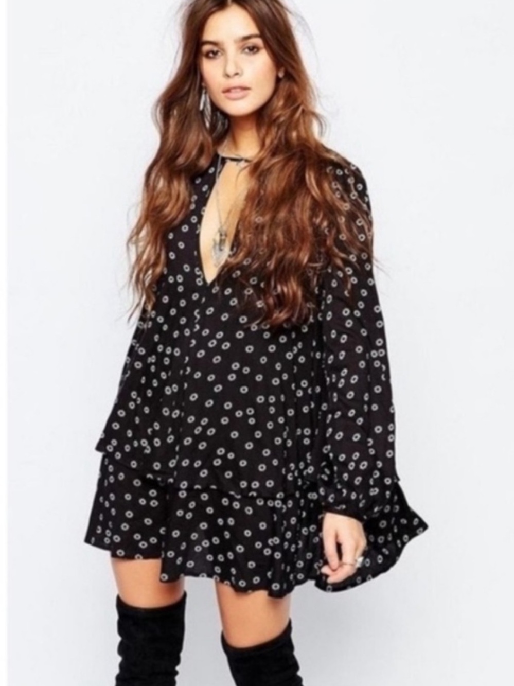 Free People Beck Floral Print Tunic Black White Dress Size XS Whimsy